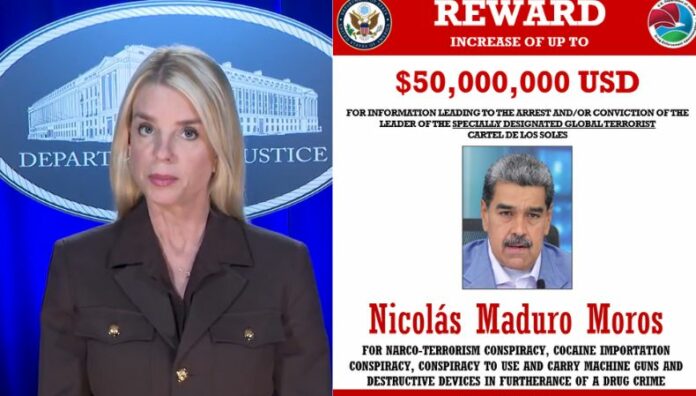 Estados Unidos ofrece recompensa de $50 millones por información del paradero de Nicolás Maduro EE. UU. ofreció este jueves una recompensa de $50 millones por información que lleve al arresto del presidente de Venezuela, Nicolás Maduro.