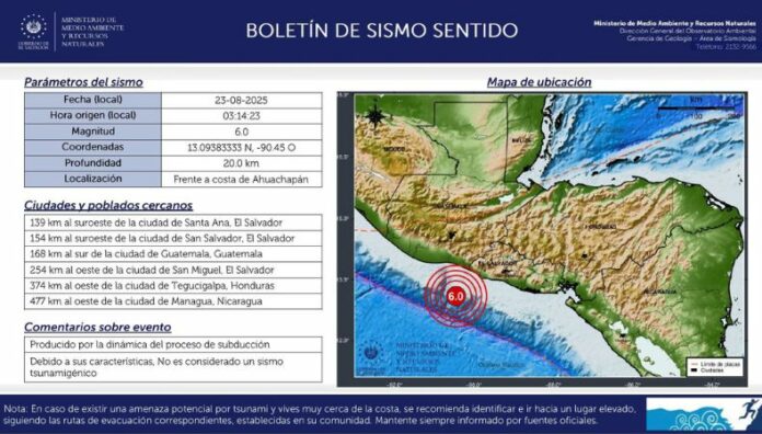 Fuerte sismo de 6.0 sacudió el territorio salvadoreño Esta madrugada, el Ministerio de Medio Ambiente reportó un sismo de magnitud 6.0, con epicentro frente a la costa de Ahuachapán.