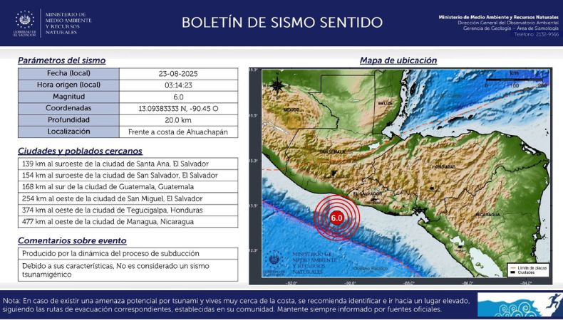 Esta madrugada, el Ministerio de Medio Ambiente reportó un sismo de magnitud 6.0, con epicentro frente a la costa de Ahuachapán.