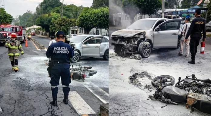 Esta mañana se reportó un accidente en el bulevar San Bartolo, Ilopango, San Salvador Este. En el percance se vieron involucradas una camioneta y una motocicleta que terminaron incendiándose.