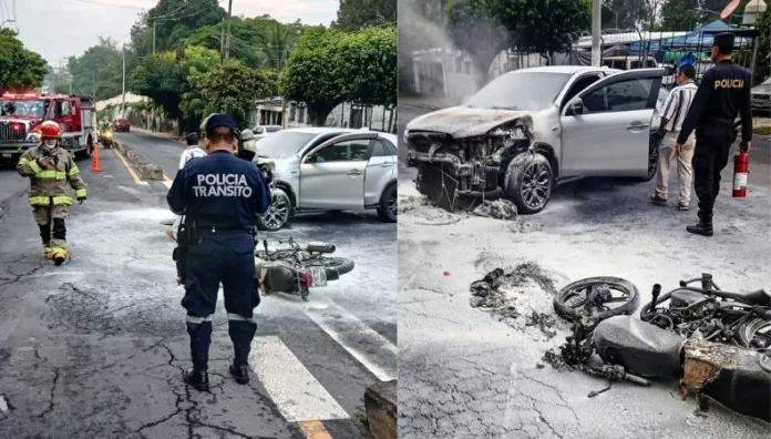 Accidente de tránsito provoca incendio de vehículos en Ilopango Esta mañana se reportó un accidente en el bulevar San Bartolo, Ilopango, San Salvador Este. En el percance se vieron involucradas una camioneta y una motocicleta que terminaron incendiándose.