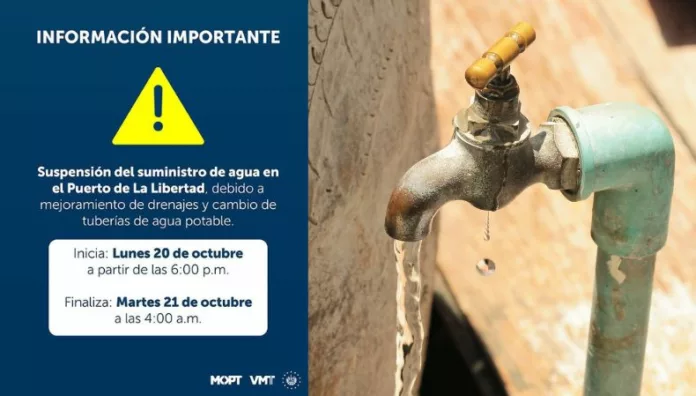 Anuncian suspensión de agua en el Puerto de La Libertad El MOPT anunció la suspensión del servicio de agua potable en el Puerto de La Libertad por trabajos de mejora en la red de distribución.