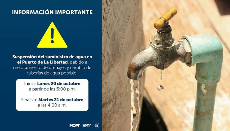 El MOPT anunció la suspensión del servicio de agua potable en el Puerto de La Libertad por trabajos de mejora en la red de distribución.