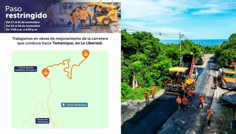 El paso permanecerá restringido en la carretera hacia el distrito de Tamanique, La Libertad Costa, por trabajos de mejoramiento ejecutados por el FOVIAL.