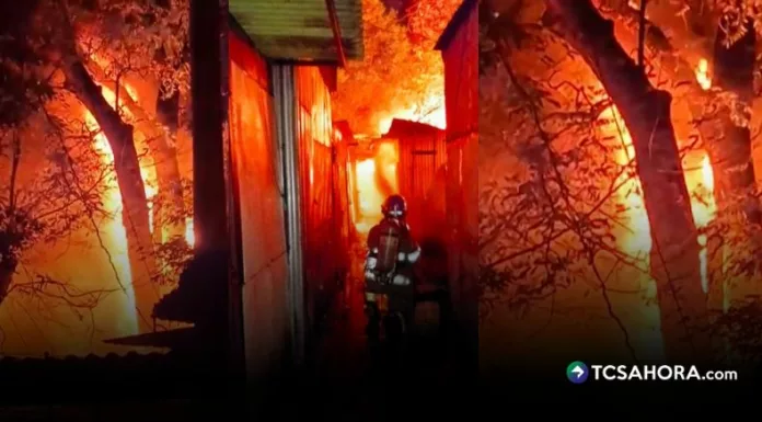 Anoche, un voraz incendio estructural consumió al menos 50 puestos de venta en el parque Menéndez, Santa Ana Centro.