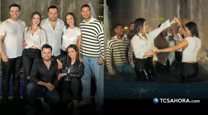 Mojados, riéndose y fuera del set. Así vivieron Larissa, Henry, Ale y Ana una grabación nocturna que terminó en chapuzones y risas dentro de una fuente.