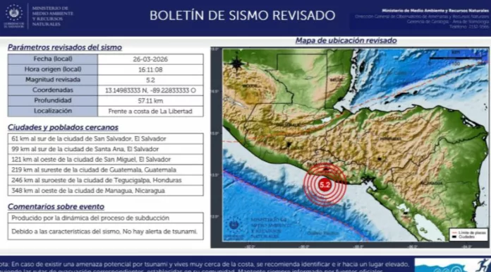 El sismo fue localizado frente a la costa de La Libertad. Bomberos El Salvador pide a la población mantener la calma.