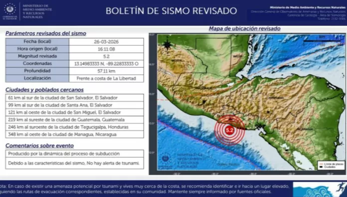 El sismo fue localizado frente a la costa de La Libertad. Bomberos El Salvador pide a la población mantener la calma.