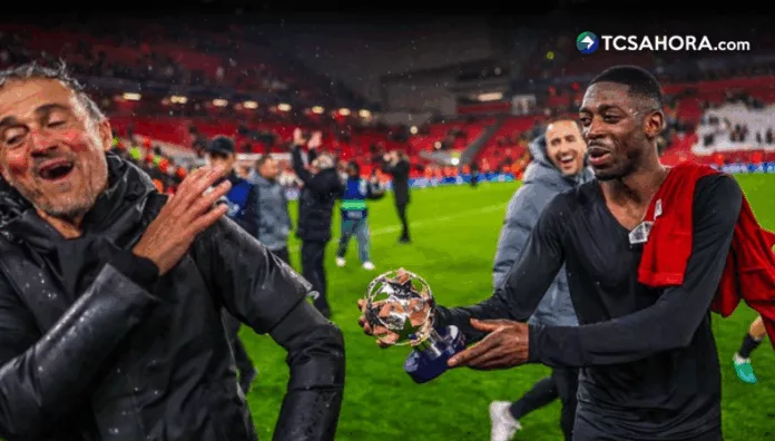 El PSG celebró su clasificación en Anfield con una imagen que ya es viral: Ousmane Dembélé intentó ceder su premio de MVP a Luis Enrique.