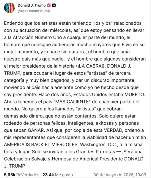 Trump considera realizar un mitin político tras retiro de artistas  