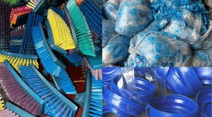 Lo que un día fue una botella, una bolsa o un tapón plástico termina convertido en escobas, en un taller de Cojutepeque.