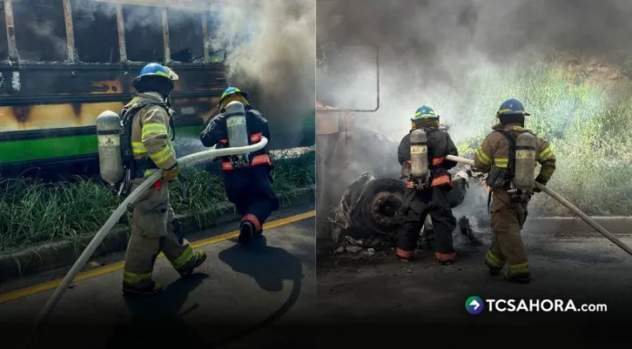El accidente ocurrió en el kilómetro 40 de la carretera de San Salvador hacia Sonsonate. El impacto provocó un incendio que consumió un autobús de la ruta 205.