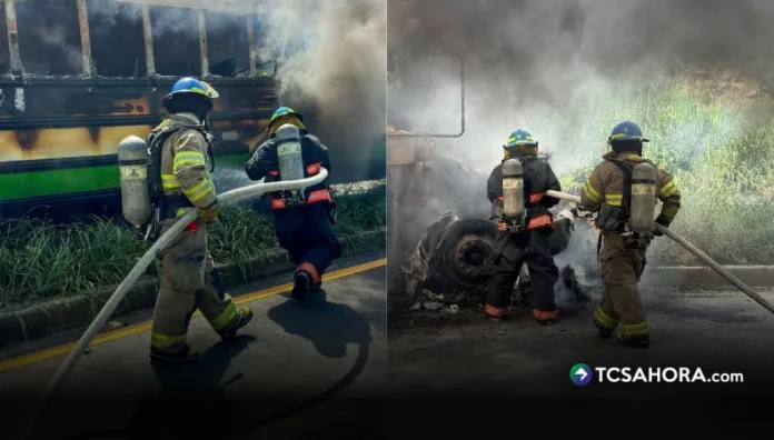 El accidente ocurrió en el kilómetro 40 de la carretera de San Salvador hacia Sonsonate. El impacto provocó un incendio que consumió un autobús de la ruta 205.