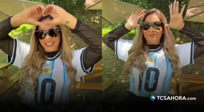 Liz Pleitez apareció con la camiseta de Argentina para recrear los festejos de Messi y otros jugadores de la selección argentina en Prendi2.