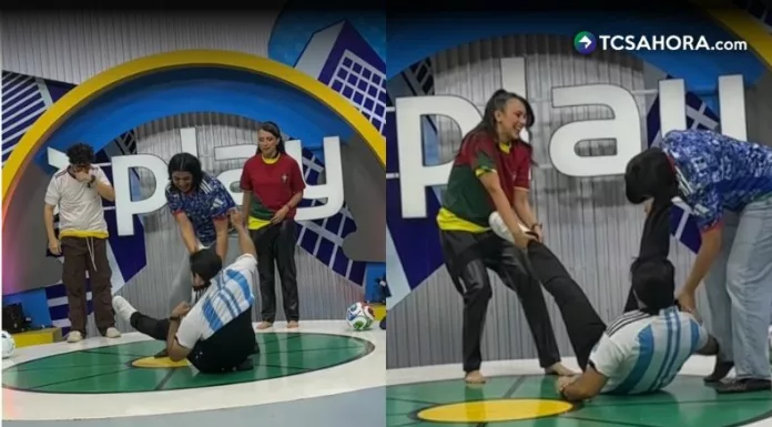 Henry Urbina y Teté llegaron a Play para jugar “Duelo de camisetas”; entre carreras, goles y trampas, el reto terminó con caída incluida.
