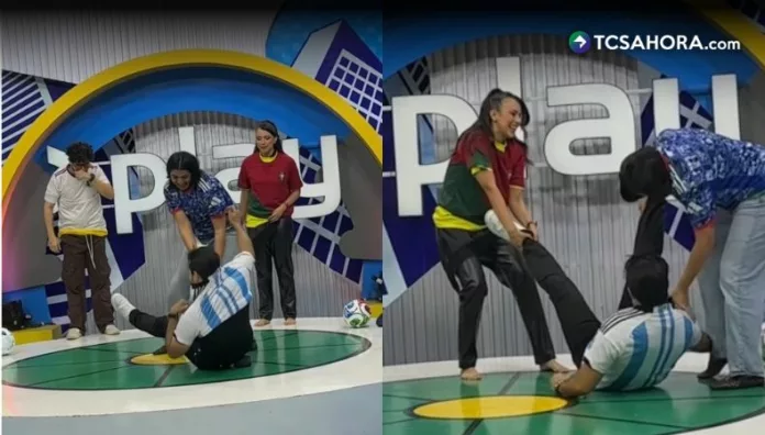 Henry Urbina y Teté llegaron a Play para jugar “Duelo de camisetas”; entre carreras, goles y trampas, el reto terminó con caída incluida.