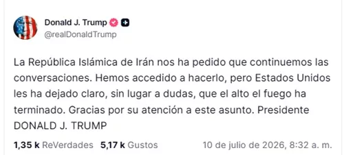 Trump afirma que Irán pide continuar las conversaciones