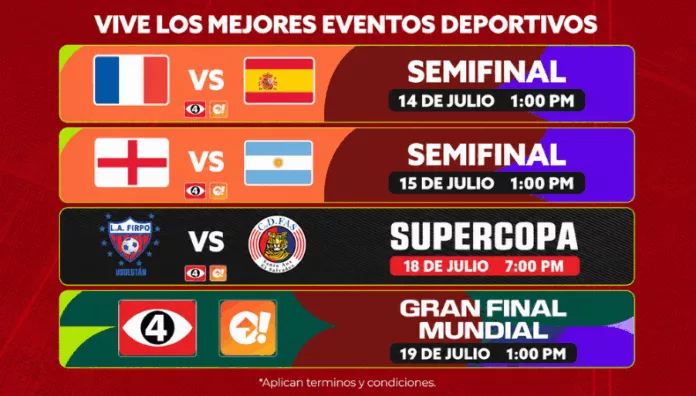 Esta semana podrás disfrutar de las semifinales y gran final del Mundial 2026 y Supercopa de Campeones en Canal 4 y TCS GO El Salvador.