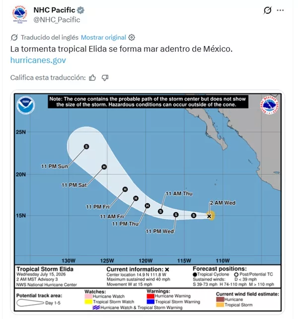 Tormenta Tropical Elida se forma en el Pacífico 
