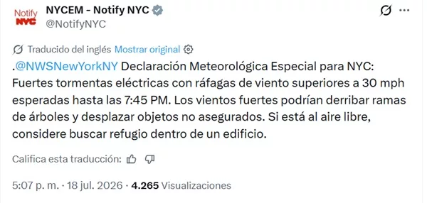 Intensas lluvias provocan inundaciones en calles de Nueva York