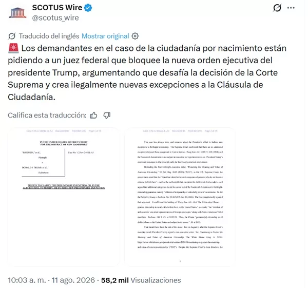 Piden a juez que bloquee orden de Trump que limita ciudadanía