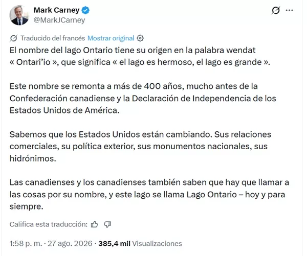 Trump ordena cambio de nombre del Lago de Ontario a Lago de América 