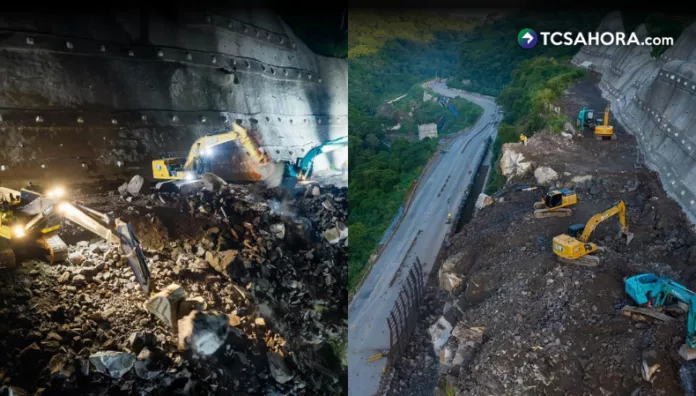 El MOP mantiene maquinaria y equipos trabajando en la remoción del material que cayó sobre la carretera Panamericana. El paso vehicular continúa restringido.