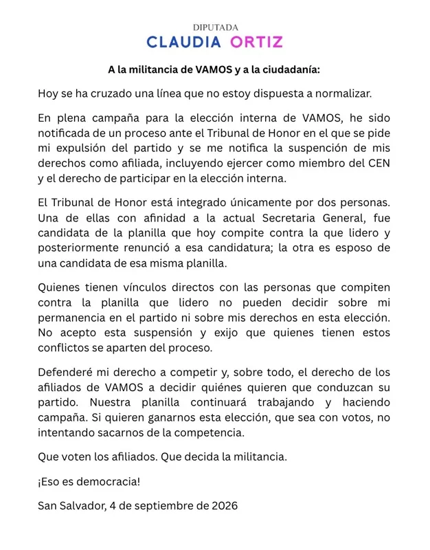 Claudia Ortiz enfrentaría proceso de suspensión del partido Vamos