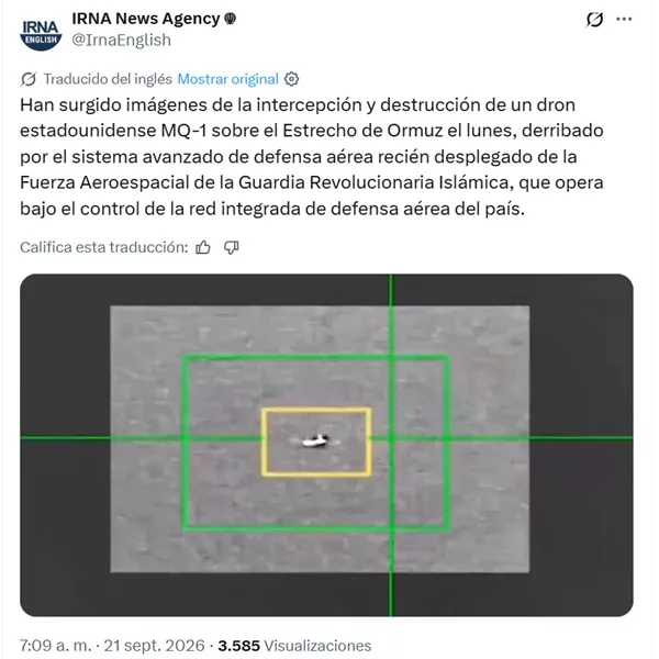 Irán asegura destruyó un dron de EE.UU. con nuevo sistema de defensa
