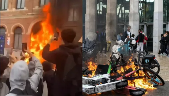 Incendio de liceo y violencia marca protestas estudiantiles en Francia