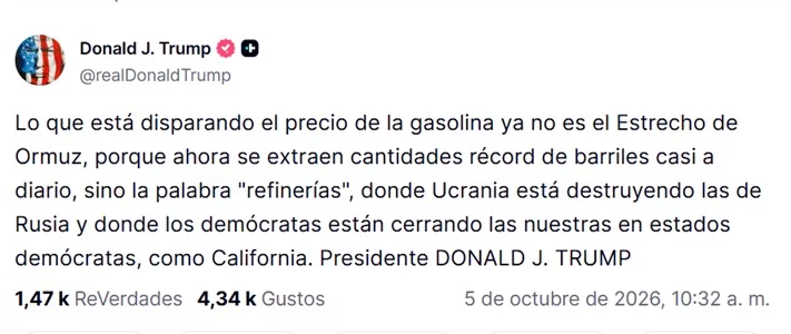 Trump: ataques de Ucrania a refinerías dispara precios del petróleo