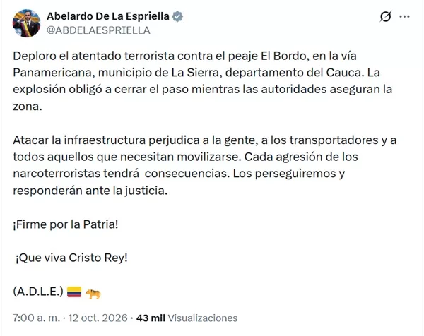 Cinco lesionados en atentado contra puesto de peaje en Colombia