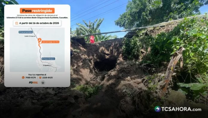 Restricción vial en tramo Cinquera a Suchitoto por cárcava