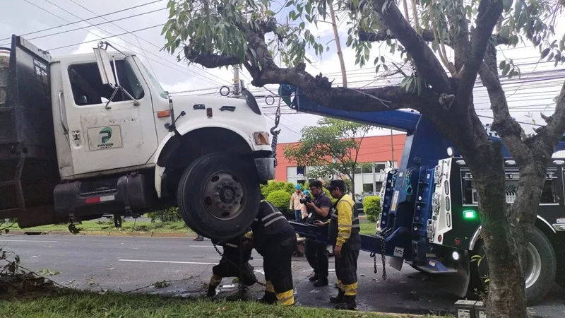 Camión de carga derriba postes en bulevar Los Próceres